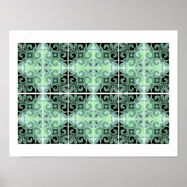 Poster Tourbillon noir vert inspiré par Azulejos portugai (Devant)