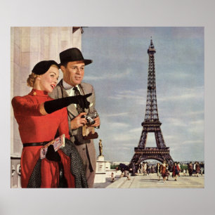 Poster Touristes vintages voyageant à Paris Tour Eiffel