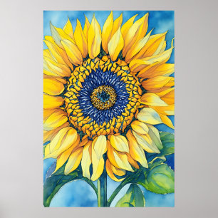 Poster Tournesol Aquarelle Sur Un Poste Arrière - plan Bl