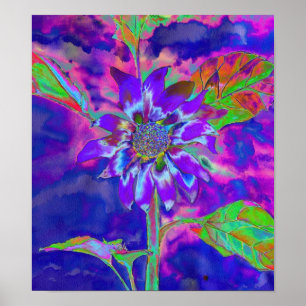 Poster Tournesol bleu violet Abstrait   rétro amusant fun