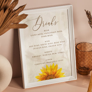 Poster Tournesol d'aquarelle Boissons de mariage campagna