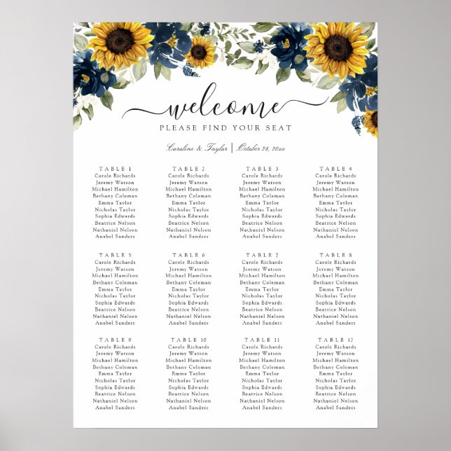 Poster Tournesol Floral Marine Mariage bleu Carte de sièg (Devant)