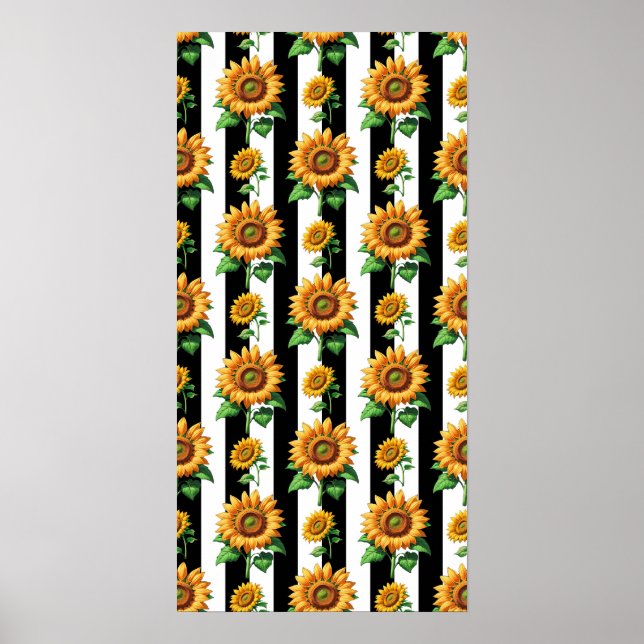 Poster Tournesol Floral noir blanc rayures (Devant)