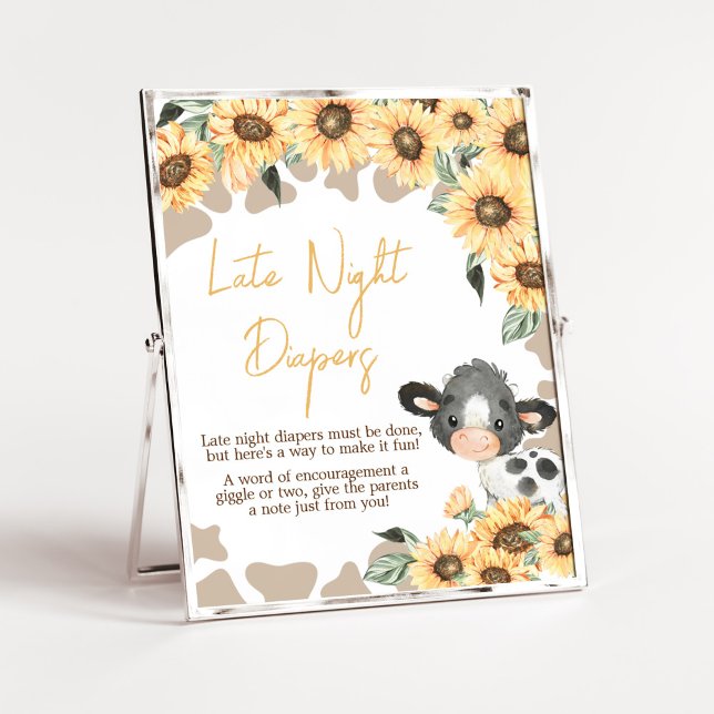 Poster Tournesol Saint-Vache Baby shower Late Nuit Diapos (Summer Highland Cow Baby Shower Late Night Diapers Sign)