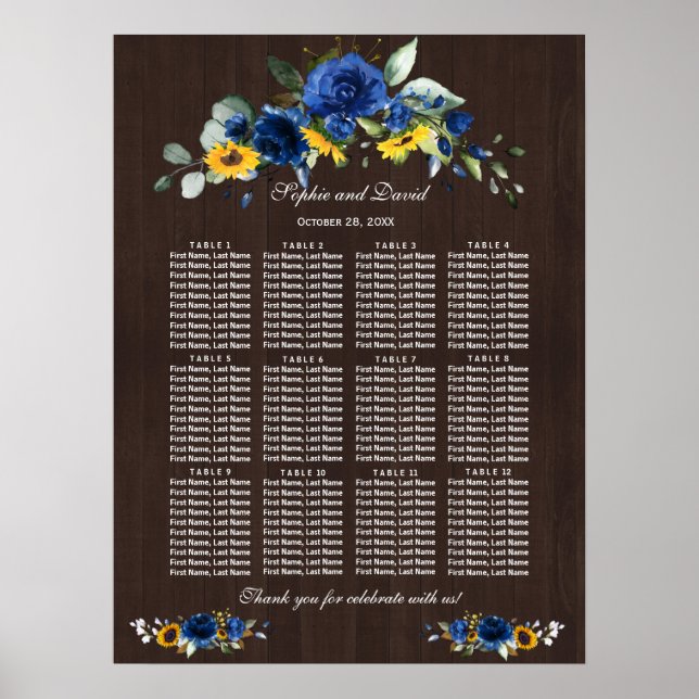 Poster Tournesols Bleu Floral Mariage Barne Carte de sièg (Devant)