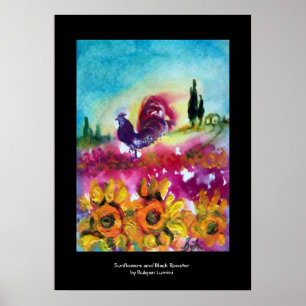 POSTER TOURNESOLS, COQUELICOTS ET COQ NOIR