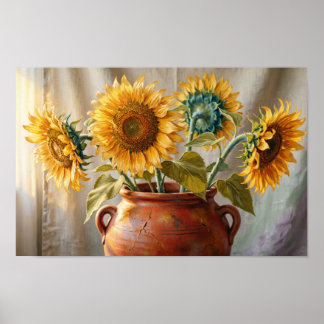 Poster Tournesols dorés dans un vase en terre cuite - Imp