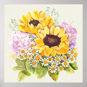 Poster Tournesols jaunes peints à la main hydre pourpre