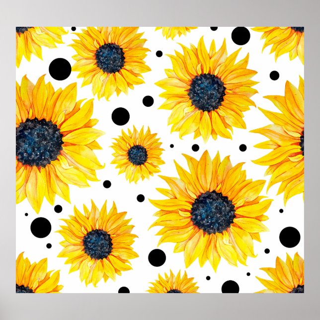 Poster Tournesols jaunes sur fond blanc motif (Devant)
