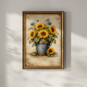 Poster Tournesols vintage dans un seau rustique