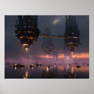 Poster Tours futuristes flottant au-dessus du port