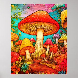 Poster Toutes les couleurs de champignons Fond noir sur u