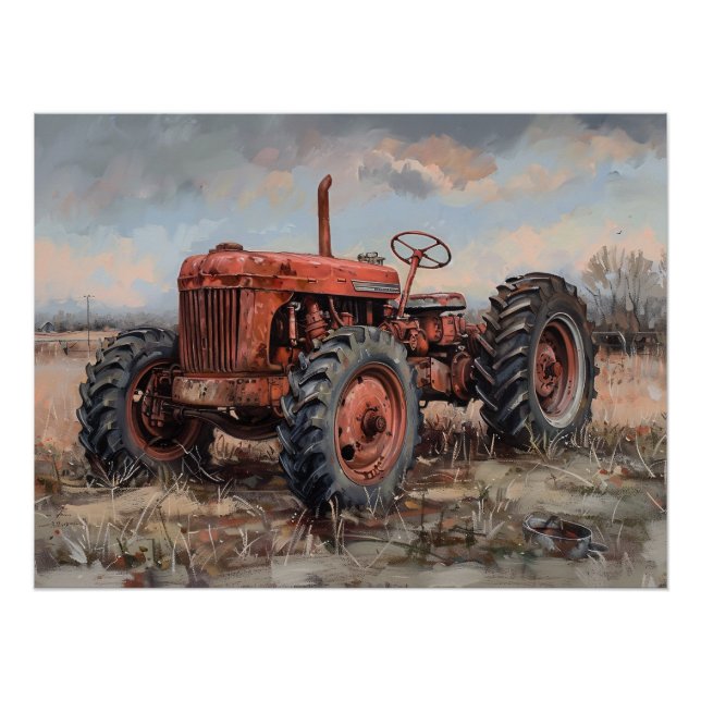 Poster Tracteur dans le champ Découpage rustique (Devant)