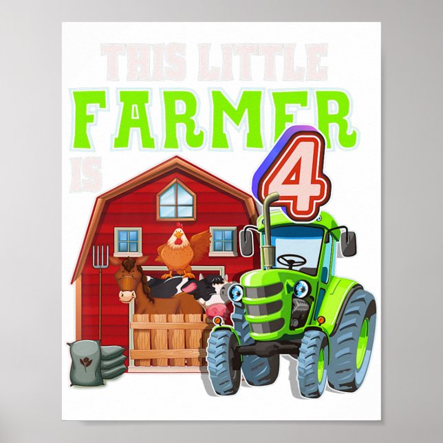 Poster Tracteur de ferme verte 4 ans Fête Anniversaire Fa (Devant)