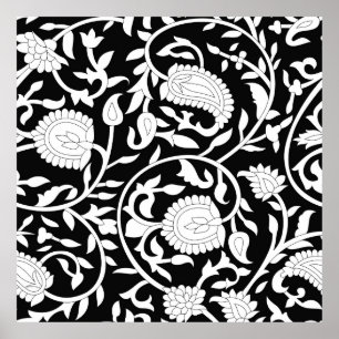 Poster Traditional indian paisley pattern on black and wh