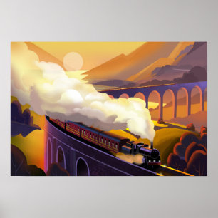 Poster Train à vapeur traversant le pont en Écosse.