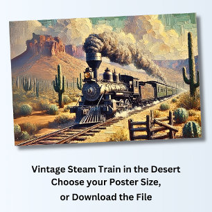 Poster Train à vapeur vintage dans le désert, chemin de f