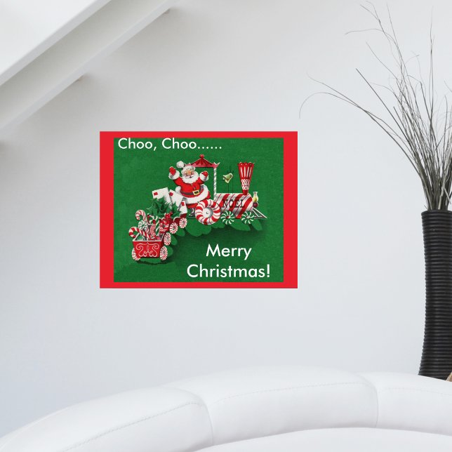 Poster Train de bonbons du Père Noël (Santa riding red white train with candy canes letters on red green Merry Christmas wall poster.)