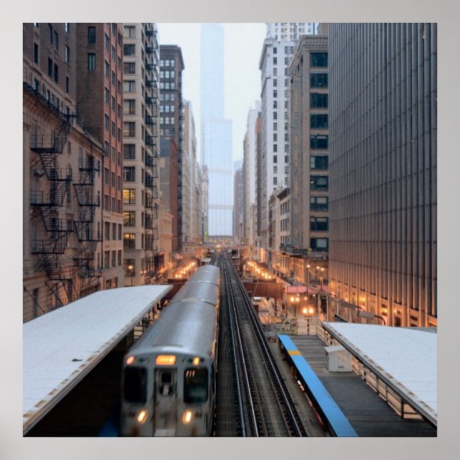 Poster Train en hauteur dans le centre-ville de Chicago s (Devant)