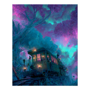 Poster Train Forêt Mystique Violet Turquoise Art Fantasti