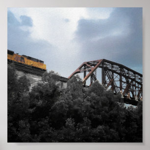 Poster train locomotive traversant le pont de Thebes