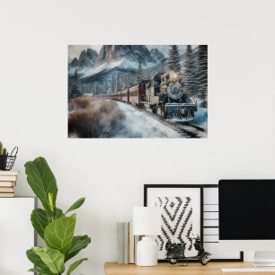 Poster Train Vintage sur Voies enneigées avec Montagnes
