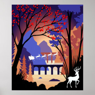 Poster Traîneau de Noël de Santa de la forêt crépusculair