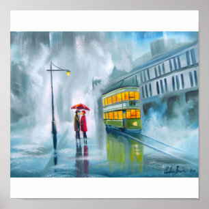 Poster Tram oil painting rainy day umbrella