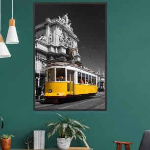 Poster Tramway jaune de Lisbonne. Photo N/B de l'arche de