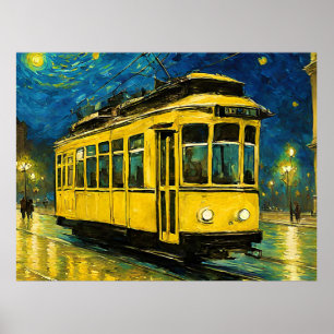 Poster tramway jaune sur une nuit étoilée -Budapest