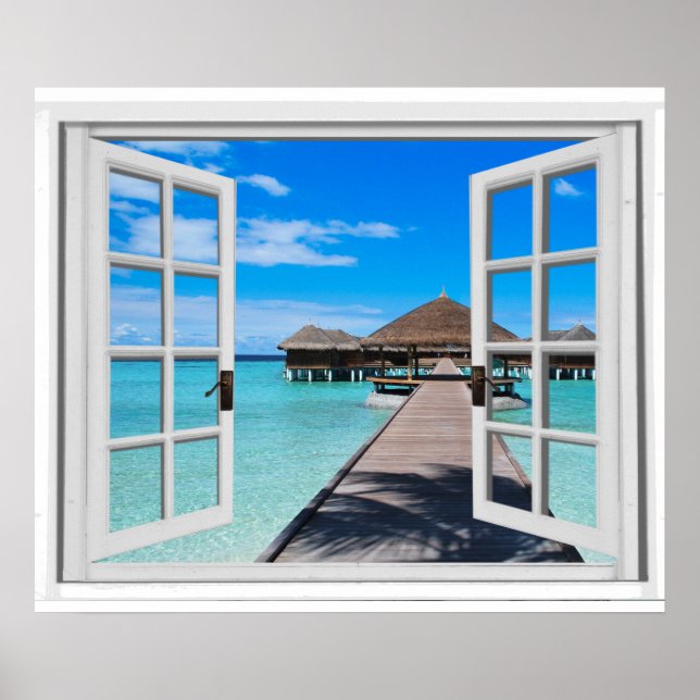 Poster Tranquille Boardwalk Pier Ocean Fake Window View (Devant)