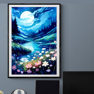 Poster Tranquille lune nuit fleurie paysage | Ai