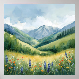 Poster Tranquille Mountain Meadow - Aquarelle Nature Wall