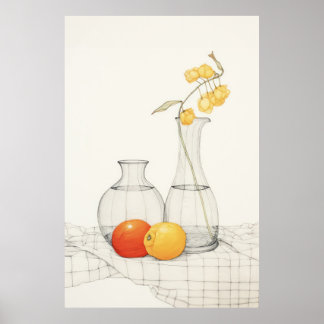 Poster Tranquille vie morte avec fleurs et fruits