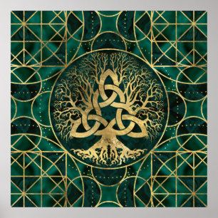 Poster Tree of life with Triquetra Malachite and Gold