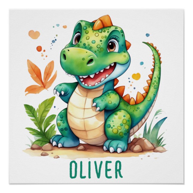 Poster Trex Dinosaure Vert Mignon Personnalisé (Devant)