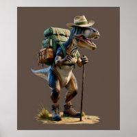 Trex portant casquette avec sac à dos et bâton de