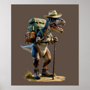 Poster Trex portant casquette avec sac à dos et bâton de