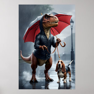 Poster Trex tenant parapluie marche basset hound