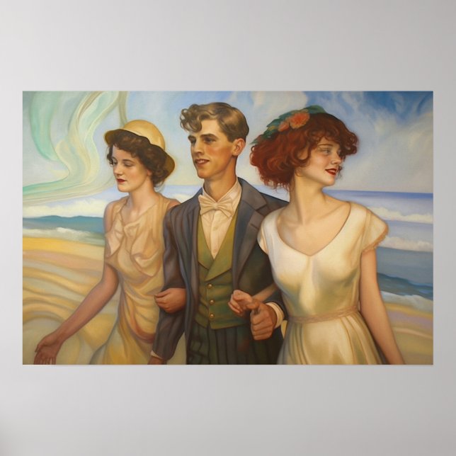 Poster Triade polyamorée sur la plage (Devant)