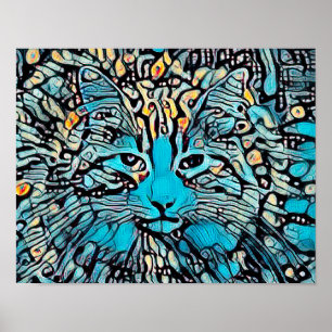 Poster Tribal Chat Bleu Mosaïque Jaune Design d'art Abstr