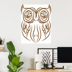 Poster Tribal Owl Line Art moderne Brown Abstrait