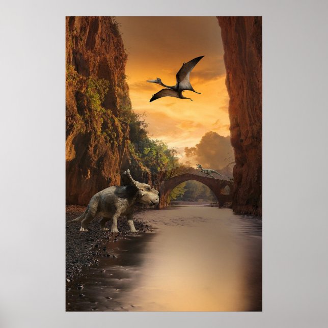 Poster Triceratops, Vélociraptor et Ptérodactyle (Devant)