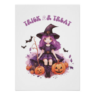 Poster Trick ou traiter la sorcière violette Citrouilles 
