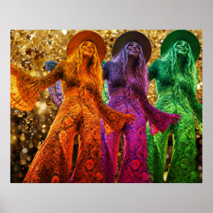 Poster Trio de femmes disco dansant en tenue pattes d'élé