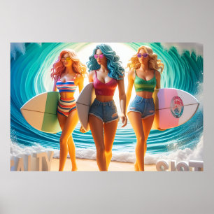 Poster Trio de Sœurs Salées Filles Marche sur la Plage Su