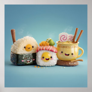 Poster Trio de Sushi Bleu Kawaii