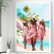 Trio rose cowgirl côtière sur l'île tropicale
