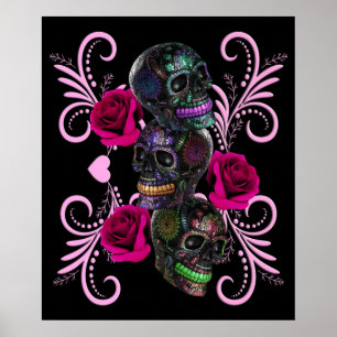 Poster Triple Jour Noir Des Crânes Morts Roses Rose
