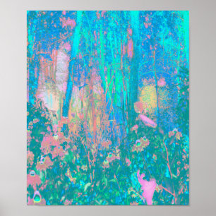 Poster Trippy Aqua Sunrise avec des fleurs psychédéliques